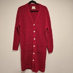True Vintage 60s 70s Cable Knit Duster Cardigan Sweater Red XL Women Academia